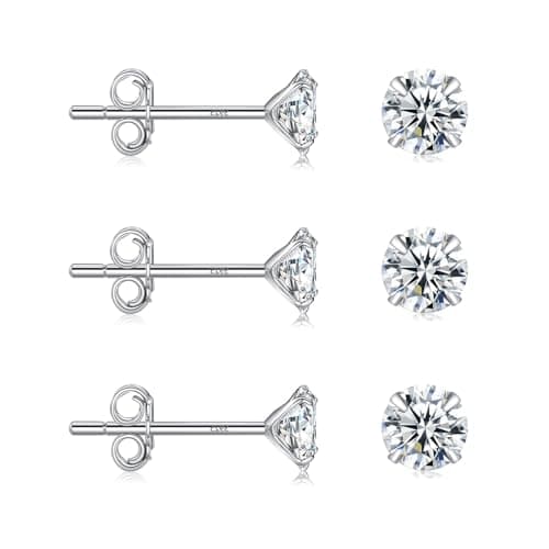 Image of 3 Pairs 925 Sterling Silver Earrings for Women, 4mm Hypoallergenic Cubic Zirconia Stud Earring Set, Comfortable Cartilage Sleeper Earrings Gift for Women