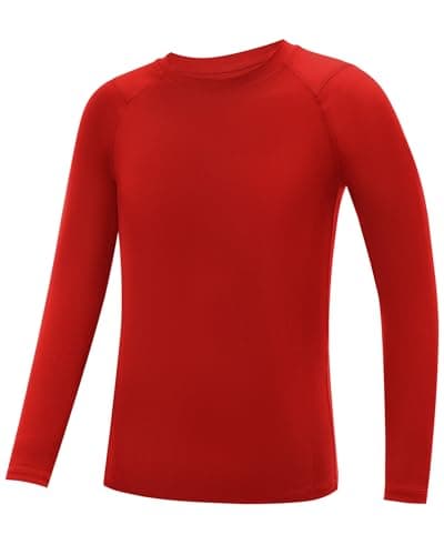 Image of WISMBOX Boys Base Layer Top, Kids Long Sleeve Compression Shirt, Quick Dry Breathable Sports Tops for Football Running Tomato Red