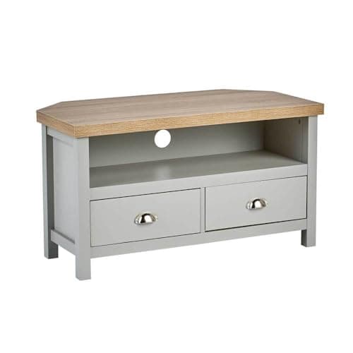 Image of Home Source Corner TV Stand Entertainment Cabinet Television Unit, Oak Effect, Grey, 2 Drawer
