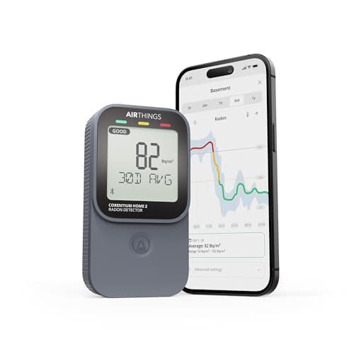 Image of Airthings Corentium Home 2 – Portable Digital Radon Detector (Bluetooth, Temperature & Humidity) • LCD Display – 2×AA Batteries, Up to 3 Years Battery Life • Dark Grey - 325