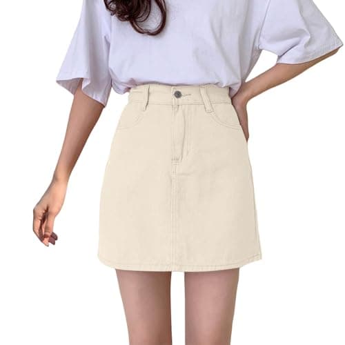 Image of 2025 High Stretchy Cargo Skirt for Women, Low Waist Mini Skirt Cute Denim Skirt with Pockets (Beige, L)