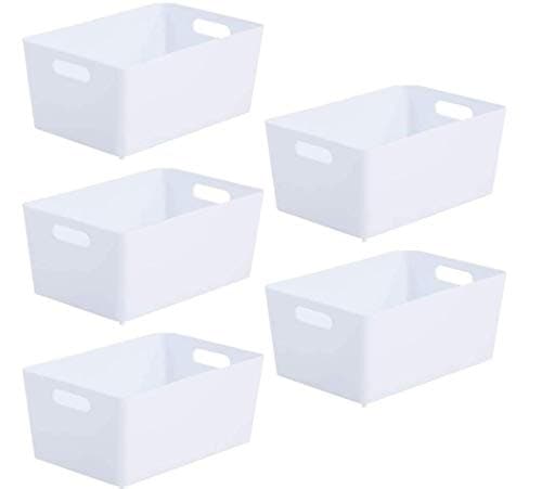 Image of Wham Studio 5 x 3.9L Rectangular Plastic Storage Baskets | Ideal for Kitchens, Bathrooms, Stationery & More | Easy Access Integrated Handles | Made in the UK - Ice White