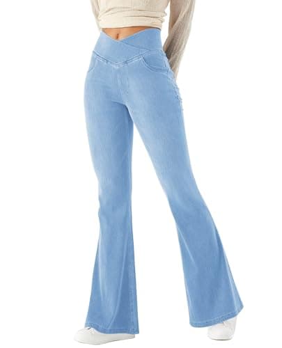 Image of LaiEr Women Bootcut Jeans V Crossover High Waist Pull on Tummy Control Casual Fitness Skinny Yoga Pants,Denim Highly Elasticity Soft Fabric,Flared Fitness Trousers with Side Pockets(Light BlueL)