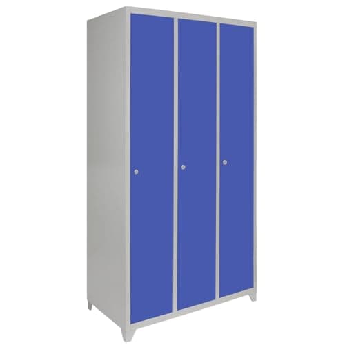 Image of Monster Shop Storage Lockers Metal 3 Door Lockable Unit, Staff Students Cabinet Office School Flat Packed Workplace Gym Changing Room Cupboard, Blue & Grey Steel Racking Solution
