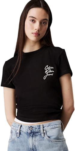 Image of Calvin Klein Women’s Short Sleeve Round Neck Script Institutional Baby Tee, Black (Ck Black), XXS