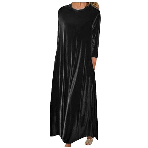 Image of Women's Vintage Velvet Maxi Dress - Long Sleeves, Casual Loose Fit, Elegant Bridesmaid Dress - Solid Color, Plus Size - Black