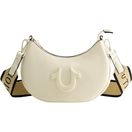 Image of True Religion Women's Shoulder Bag Purse, Crescent Hobo Handbag with Adjustable Removable Strap and Horseshoe Logo, Ivory