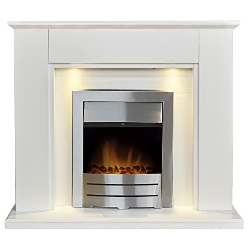 Image of Adam Eltham Fireplace in Pure White with Downlights & Colorado Electric Fire in Brushed Steel, 45 Inch