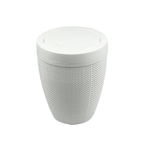 Image of Addis Faux Hessian Round Swing Lid Plastic Bathroom Bedroom Home Office Bin, 5 litre capacity, Clean White