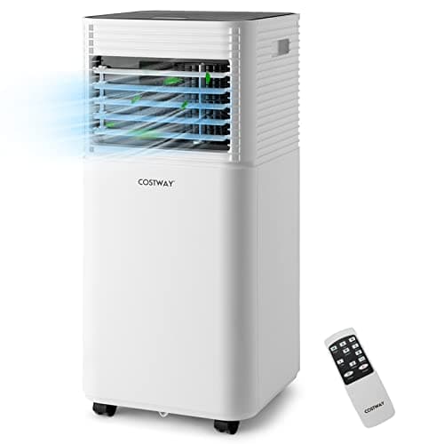Image of COSTWAY 7000/9000BTU Portable Air Conditioner, 4 in 1 Mobile Cooler, Dehumidifier, Fan with Sleep Mode, Remote Control, 2 Fan Speeds, 24H Timer, LED Display & Protective Function (9000BTU,Black+White)