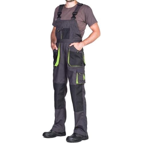 Image of Mens Bib and Brace Overalls, Dungarees Men Black, Big Sizes, Work Trousers for Man, Knee Support with Knee Pads Pockets, Kneepad, Mens Work Trousers, Work Pants, Heavy Duty, Black/Green, 52-W36