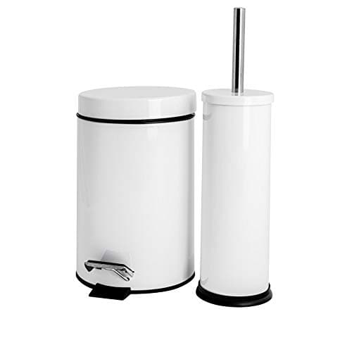 Image of Harbour Housewares 3L Bathroom Bin & Brush Set - White - 2pc Round Stainless Steel Pedal Bin & Toilet Brush Set Slim Small Trashcan for Kitchen Waste, Bathroom Rubbish