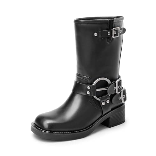 Image of DREAM PAIRS Pull On Comfy Mid Calf Boots for Women, Square Toe Waterproof Motorcycle Biker Boots with Buckles, Fashion Women's Combat Boots with Low Chunky Heel SDMB2405W,Size 5.5,Black,SDMB2405W