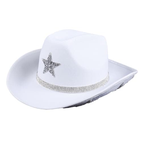 Image of Versatile Western Style Cowboy Hat,White Cowgirl Hat Glitter Star Cowboy Hat Wide Brim Cowgirl Hat for Festivals Fancy Dress Cosplay Music Concerts
