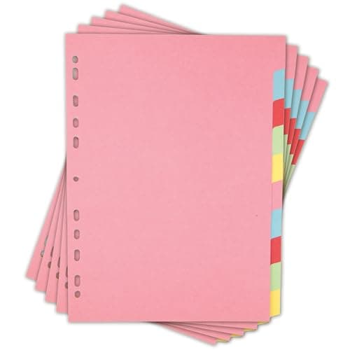 Image of Elba A4 Pink 10-Part File Dividers, 5 Pack, Multi-Coloured Recycled Card Dividers, Multi-Hole Punched for Ring Binders
