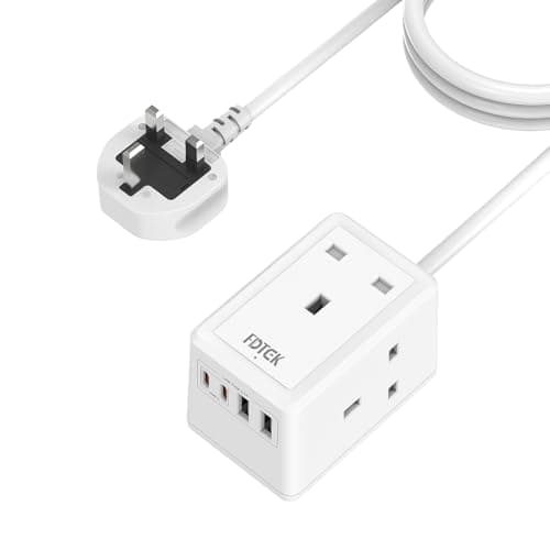 Image of 3M Extension Lead With USB Slots, FDTEK Mini Plug Extension Socket with 3 AC Outlets and 4 USB Slots, 13A/3250W Wall Mount Power Strip With 3 Metre Extension Cable for Travel Home Office