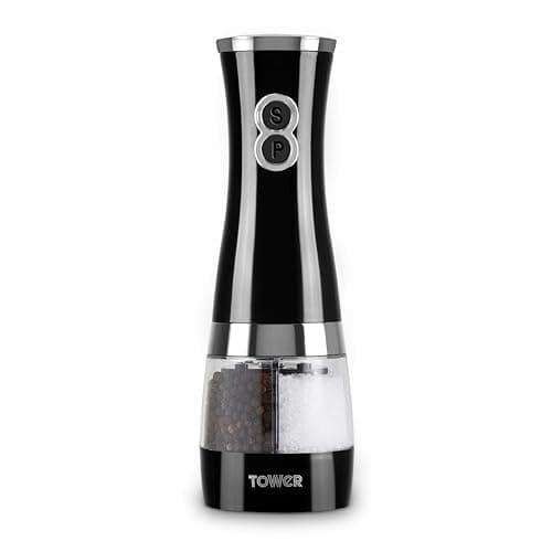 Image of Tower T847004B Electric Salt and Pepper Mills, Battery Operated with Adjustable Ceramic Grinders, Black and Chrome