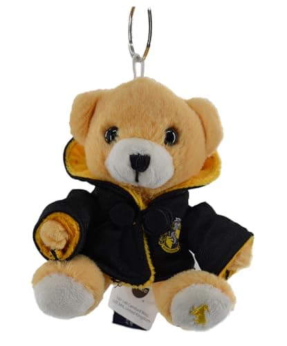 Image of GWCC Licensed Harry Potter House Plush Teddy Bear Keyring Keychain, Gryffindor, Slytherin, Ravenclaw, Hufflepuff with printed crest robe and Hedwig owl (Hufflepuff)