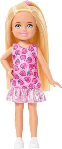 Image of Barbie Club Chelsea Small Doll, 6-Inch with Blonde Hair Wearing Removable Strawberry-Print Dress & Shoes, JJB33