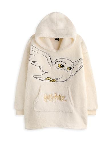 Image of Harry Potter Girls Wearable Blanket Hoodie | Kids Hooded Fleece Pullover in Beige | Hedwig Owl Embroidered Sherpa Lined Loungewear with Pockets for Children | Wizard Movie Merchandise Gift