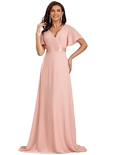Image of Ever-Pretty Glamorous Double V-Neck Ruffles Padded Evening Dress, 16, Pink