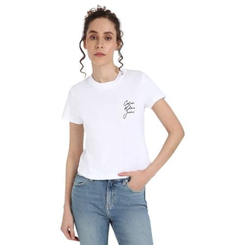 Image of Calvin Klein Women’s Short Sleeve Round Neck Script Institutional Baby Tee, White (Bright White), M