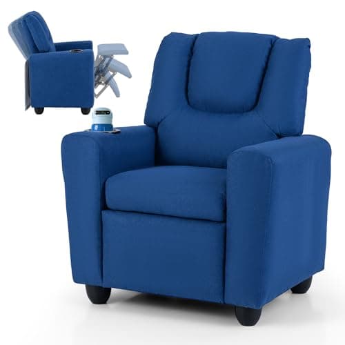Image of COSTWAY Kids Recliner Chair, Adjustable Children Armchair Sofa with Cup Holder, Footrest, Toddler Gaming Lounge Chair for Boys Girls (Fabric, Blue)