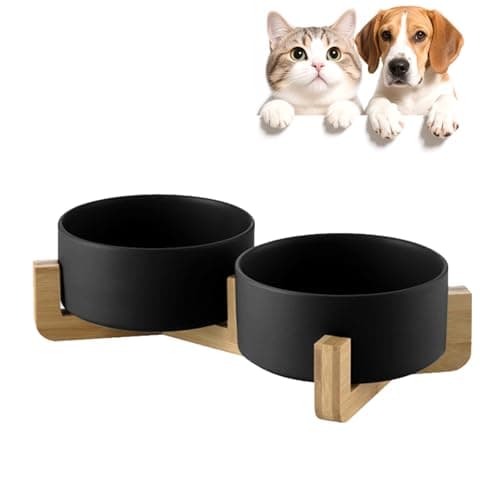 Image of Ceramic Cat Bowls with Bamboo Stand, Double Elevated Pet Feeding Bowls, 400ml Each, Removable Non Slip Food and Water Bowls, Stable Base for Cats & Small Dogs, Black (Set of 2)