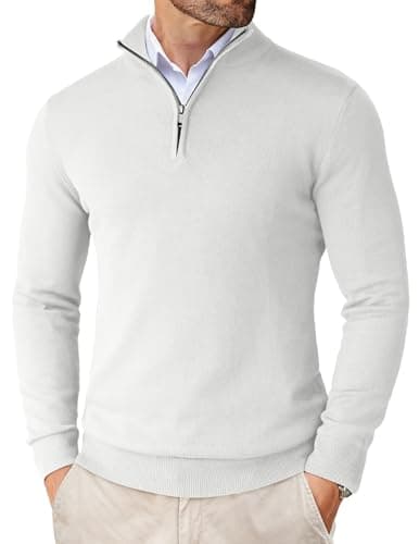 Image of COOFANDY Men's Jumpers Quarter Zip Sweater Roll Neck Turtleneck Knitted Jumpers for Men Slim Fit Sweaters with Collar Basic White XXL