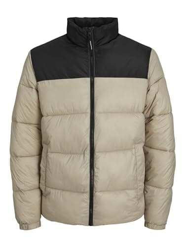 Image of JACK & JONES Mens Puffer Jacket Windproof Full Zip Stand up Collar Long Sleeve Jackets for Men, Beige Colour, Size- 2XL