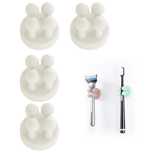 Image of Silicone Toothbrush Holders Multi-Function Hook Razor holder Waterproof Self Adhesive Wall Mounted Single Hook for Wall or Glass for Hanging Bathroom Kitchen Living Room Office (White 4pcs)