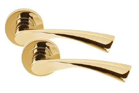 Image of Golden Grace Astrid Twist Design Door Handles On Round Rose in Polished Brass Finish