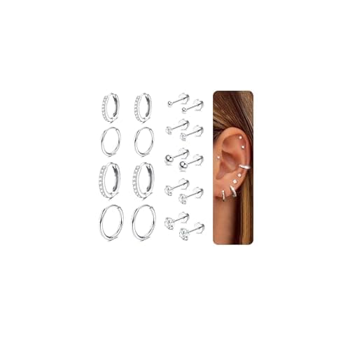 Image of CASSIECA 9 Pairs Silver Earrings for Women, 316L Surgical Steel Earring Set Hoops Earrings Cubic Zirconia Round Stud Earring Hypoallergenic Cartilage Huggie Hoop Tragus Piercing Jewellery
