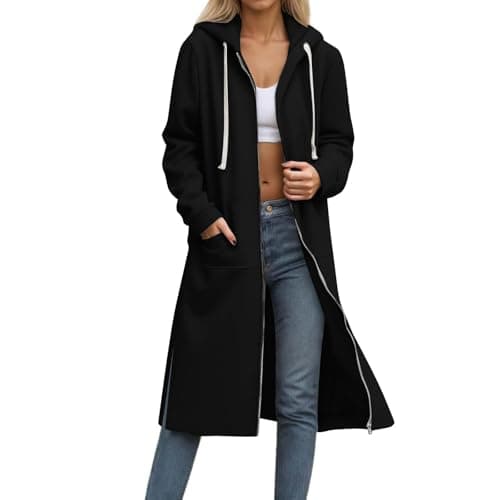 Image of AnnSemo Hoodies for Women UK Casual Longline Oversized Sweatshirts with Drawstring Hood Womens Zip Up Hoodies with Pockets Fashion Side Slit Solid Colour Long Sleeve Winter Jacket Black