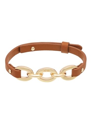 Image of Karen Millen Chain Link Leather Bracelet For Women (Gold/Brown)