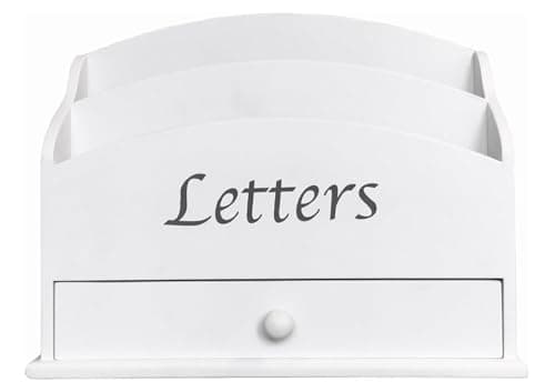 Image of GreyZouq Wooden Letter Rack. Home office, study, hallway study. Two compartments for letters and handy drawer for stationary storage. Vintage/contemporary Letters text (white script)