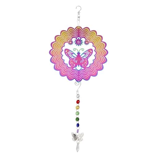 Image of Metal Butterfly Hanging Wind Spinners with Suncatcher Tail, 5.9" 3D Kinetic Yard Garden Wind Spinners, Stainless Steel Wind Sculptures Windmill for Windows Indoor Outdoor Art Decor (Colorful)