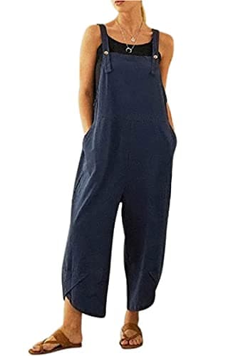 Image of BRONG Womens Overalls Casual Loose Dungarees Soft Cotton Linen Womens Jumpsuit Baggy Playsuit Adjustable Straps with Pockets
