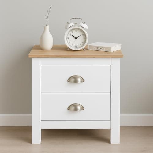 Image of Home Treats White & Pine 2 Drawer Bedside Table | Modern Wooden Nightstand With Pine Top, Bedroom Storage Cabinet for Lamp, Books & Essentials (White, Side Table)