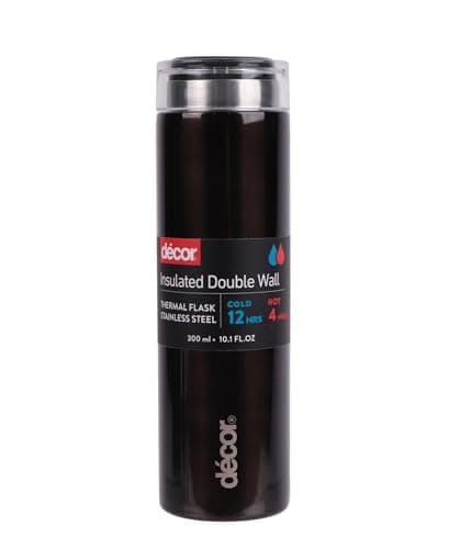 Image of Décor Double Wall Stainless Steel Travel Mug - Keeps 4 Hours Hot - 12 Hours Cold - Car Cup Holder Compatible - Removable Screw Top Lid - 300ml Black
