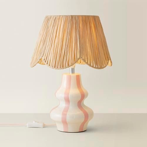Image of ValueLights | Blush Pink Ceramic Pin Stripe Bedside Table Lamp with Natural Raffia Lampshade Living Room Bedroom Light | Table Lamps, Home Décor & Improvement Essential | Included LED Bulb