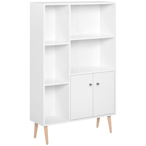 Image of HOMCOM Sideboard Storage Cabinet Cupboard, Open Bookcase with 2 Doors 5 Compartments Wooden Modern Style for Living Room Bedroom Kitchen 80 x 23 x 123 cm, White