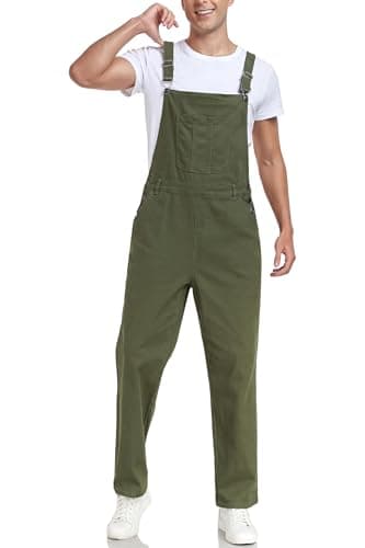 Image of UMESOUL Men's Denim Bib Overalls Slim Fit Stretchy Fashion Jean Jumpsuit with Pockets, Green, 30