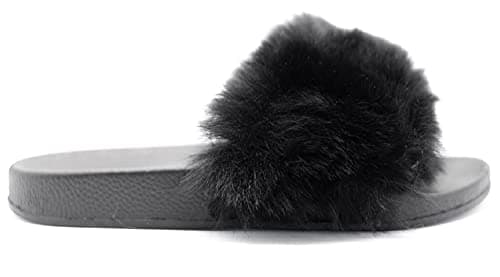 Image of sole london LADIES FAUX FLUFFY FUR SLIDERS WARM SLIP ON MULER WOMENS SLIPPERS SHOES OPEN TOE INDOOR OUTDOOR SLIDER