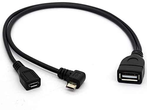 Image of HUHANGGod Angled Micro USB Y Splitter Cable OTG Power Enhancer Cord USB 2.0 A Female to 90 Degree Micro USB Male and Straight Micro Female On-The-Go Adapter (Micro Male 90Degree)