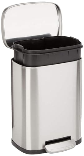 Image of Amazon Basics Smudge Resistant Mini Rectangular Trash Can With Soft-Close Foot Pedal, Brushed Stainless Steel, for Bathroom & small space, 5L/1.32 Gal, Satin Nickel Finish,18.5cm L x21.6cm W x30.0cm H