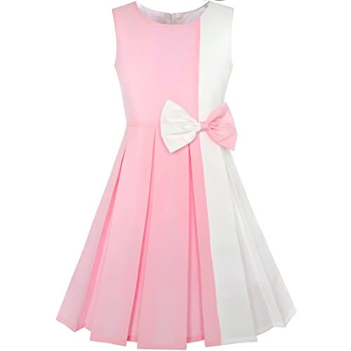 Image of Sunny Fashion KY77 Girls Dress Color Block Contrast Bow Tie Pink White Party Age 12 Years
