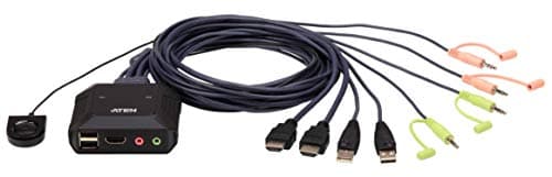 Image of ATEN 2-Port USB 4K HDMI Cable KVM Switch with Remote Port Selector CS22H (up to 4096 x 2160 @ 60Hz, HDCP 2.2) For Windows, Mac, Linux - One KVM console controls two USB HDMI computers