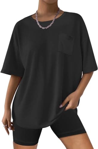 Image of Famulily Black Lounge Set Women Summer Clothes,Ladies Oversized T Shirt and Cycling Shorts 2 Piece Gym Set Tracksuit Loungewear Nightwear (S, Black)