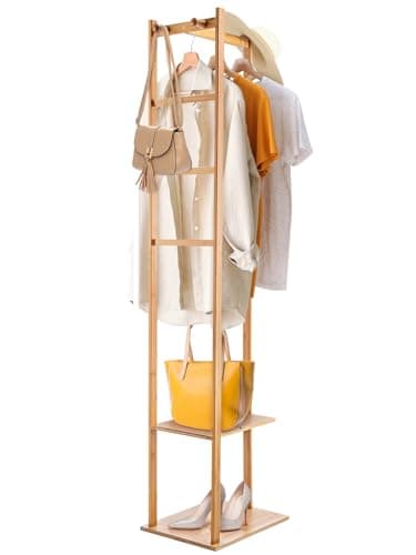 Image of CROWNSHOP Coat Stand Rack Bamboo Corner Coat Rack Clothing Rack 155Cm Clothes Rails for Bedroom Stand Hall Trees Free Standing Hanging Rail Garment Rack With 2 Shelves 3 Hanger Hooks and Pants Hanger